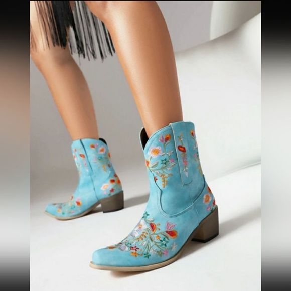 Balajoy 7.5 Blue Cowgirl Embroidery Ankle Boots Floral Western Boho Slipon Comfy - Picture 1 of 16